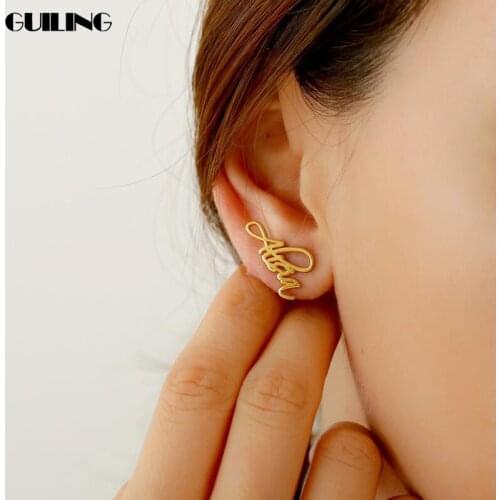 Minimalist Personalized Cursive Name Earrings Customized Nameplate Welding Pin Stud Earrings Dainty Gift Stainless Steel Jewelry