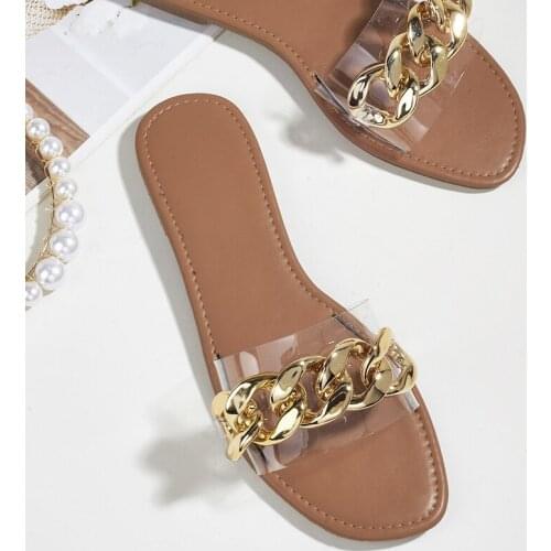 Ladies Fashion Flip Flops Metal Chain Slippers Sandals 2021 Outdoor Women Casual Transparent Slides Flat Shoes