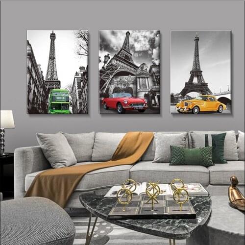 Modern Black and White Style Modern City Canvas Painting, Retro Architecture, Eiffel Tower Poster, Car Mural Printing, Waterproo