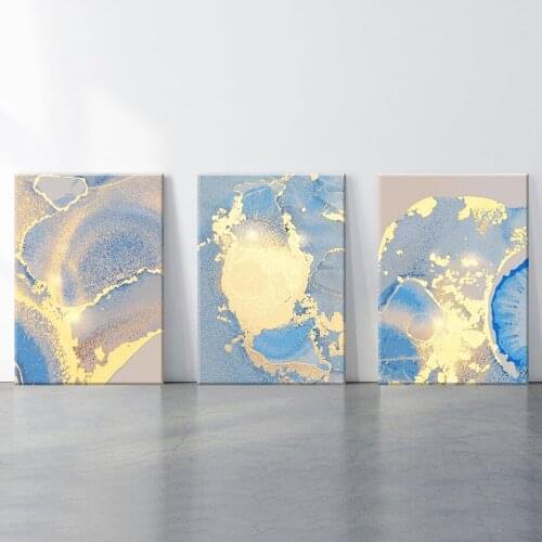 Modern Sprinkle Gold Blue Pink Posters Wall Art Abstract Marbling Canvas Painting Pictures Print for Living Room Hoom Decor