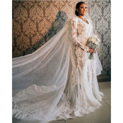 Vintage Ruffles 2021 Plus Size Mermaid Wedding Dresses Bridal Gowns V Neck Long Sleeve Lace Appliqued Robe de mariée