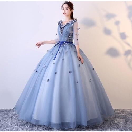2021 New Party Dress Classic Lace Prom Dress V-neck Ball Gown With Belt Vintage Floral Print Quinceanera Dresses Plus Customize