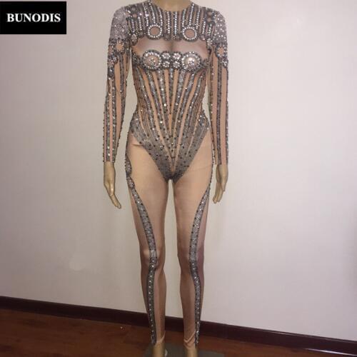 ZD161 Simple Model DiamondCharcoal Sparkling Crystals Women Sexy Jumpsuit Nightclub Birthday Party Clothing Celebrate Stage Wear
