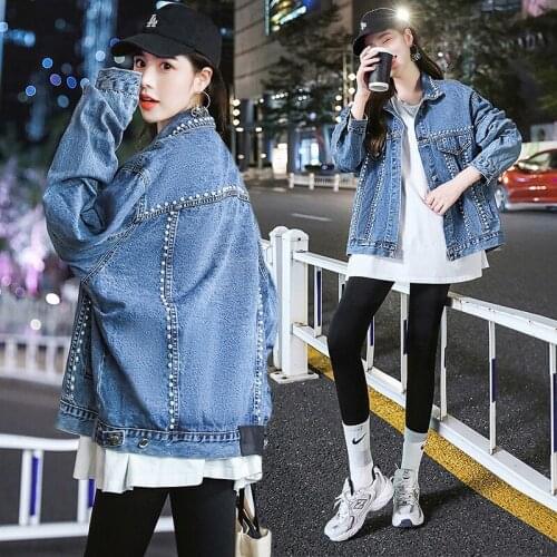 2021 New Spring Autumn Womens Jeans Jacket Hip Hop Beaded Pearls Denim Jackets Women Basic Coat Loose Streetwear Femme Overcoat