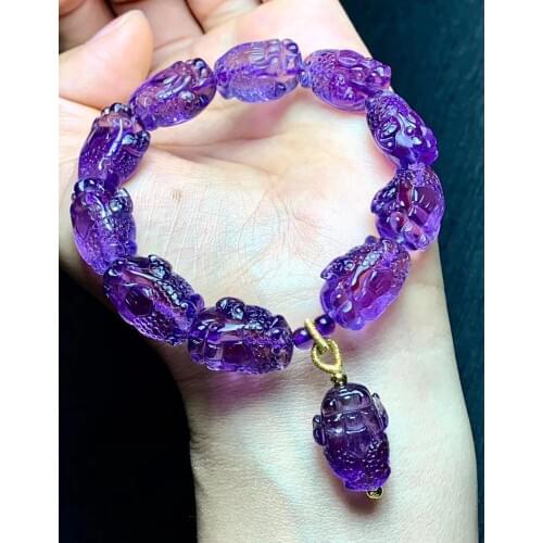 Natural Purple Amethyst Quartz Crystal Women Bracelet 19/14/11MM Clear Toad Beads Carved Pendant Certificate AAAAA