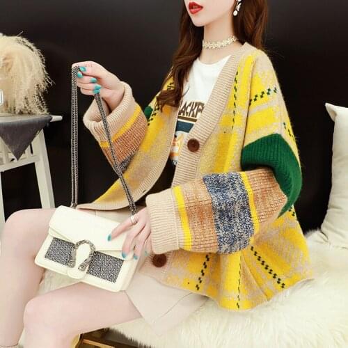 2021 Women Sweater Cardigans Vintage Korean Casual Patchwork Plaid Knitwear Coat Female V Neck Spring Autumn Knitted Jacket Pull