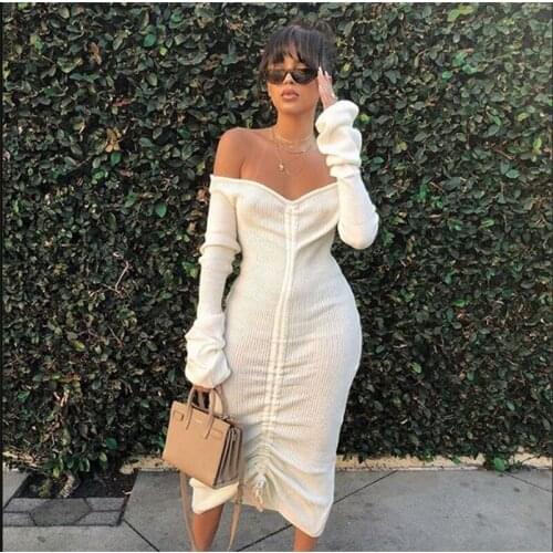 2021 Front Trekkoord Sexy Bandage Jurken Slash Hals Lange Mouwen Club Party Dress Herfst Winter Off Shoulder Jurk