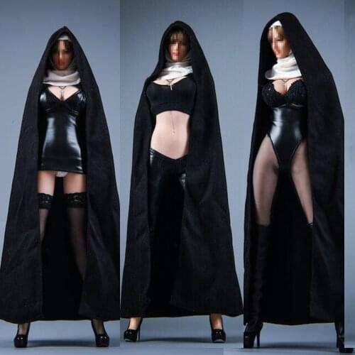 19XG60 1/6 Scale Female Clothes Church girl Nun Leather Black Cloak & Tights Suit For 12'' Inch Female Figure Body
