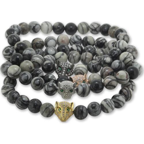 2016 Beautiful Jewelry 8mm Natural Spider Web Round Stone Beads Micro Inserts Zircon Leopard Head Charm Mens Bracelet