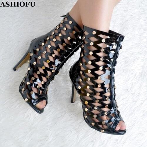 ASHIOFU Handmade Classic Womens High Heel Sandals Cut-out Sexy Club Party Dress Shoes Peep-toe Evening Fashion Sandals Shoes