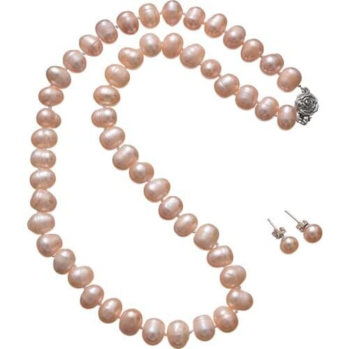 Free Shopping New Fashion Necklace 2021 DIY Hand knotting Pink Real pearl 7-8mm akoya cultured pearl necklace earring 1stes 18"