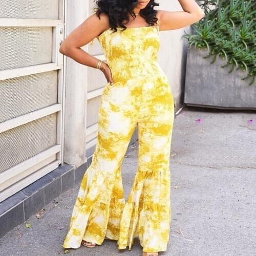 BKLD 2020 New Arrival Women Tie-dye Printing Jumpsuit Sling Sleeveless Lace-up High Waist Rompers Wide-leg Pants Lady Streetwear