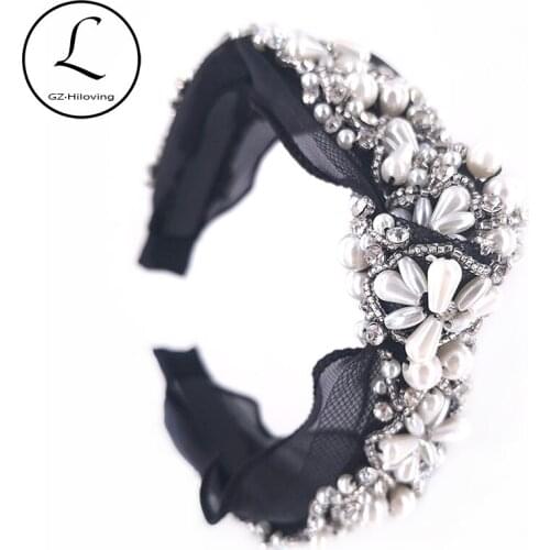 GZhilovingL Korean Style Lace Yarn Pearls Hairbands For Ladies Woman Stunning Rhinestones Beads Hair Bands Accessories wedding
