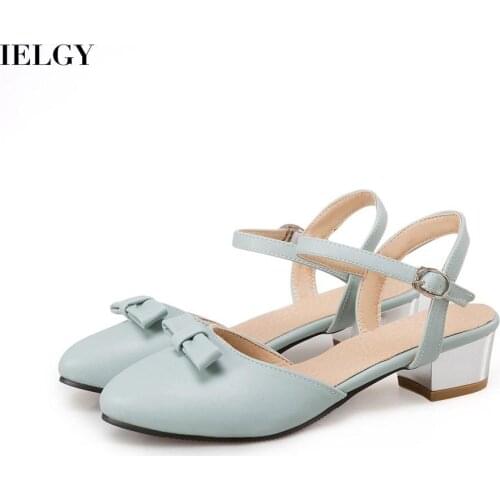 IELGY buckle pointed toe thick heel simple shallow mouth solid color mid heel stylish Womens sandals large size