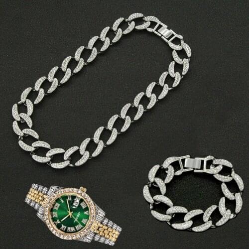 3pcs Kit Hip Hop 19MM Full Iced Out Paved Rhinestone Choker Cuban Rapper Necklace+Watch+Bracelet For Men Women Charm Jewelry