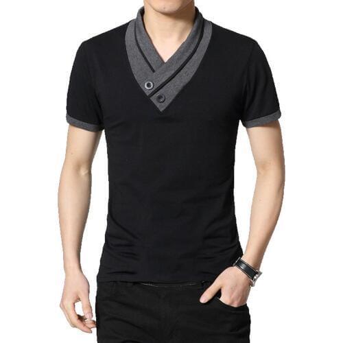 Fashion Men Patchwork Button V Neck Short Sleeve T-Shirt Summer Slim Blouse Top