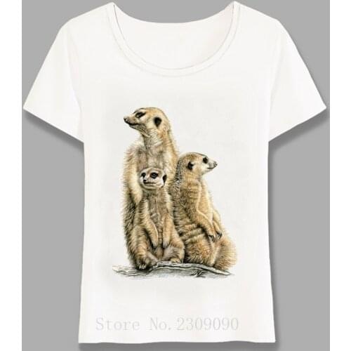 Summer Women Short Sleeve Pencil Drawing Meerkats Family Print T-Shirt Girl Casual Tops Hipster Cool Tees Harajuku