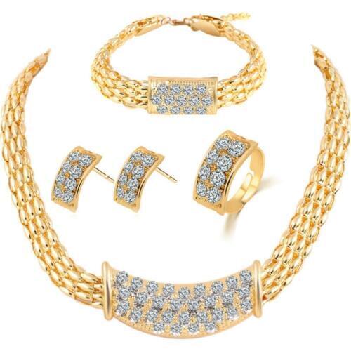 Hot Sale Nigerian African Costume Jewelry sets Gold-Color Crystal Chunky Necklace Bracelet Earrings Set for women Weddings