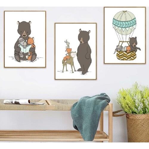 Woodland Animal Nursery Art Bear and Friends Wall Art Canvas Painting Nordic Posters Print Cartoon Picture Baby Kids Room Decor
