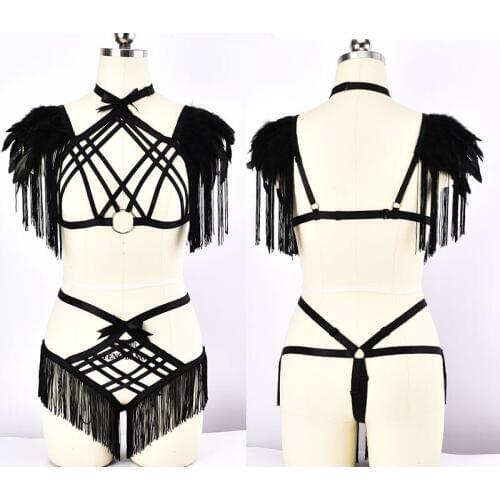 Sexy Tassel Black Feather Body Harness Bra Elastic Bondage Harness Lingerie Fetish Goth Rave Wear Tassel Panties String Set