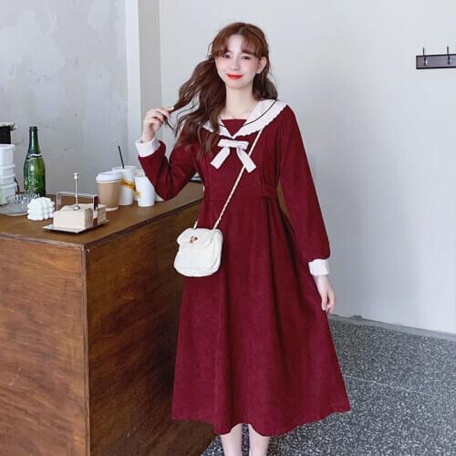 French Retro Sailor Collar Bowknot Waist Slimming Midi Dress Autumn Winter College Style Long Sleeve kawaii sweet lolita dress