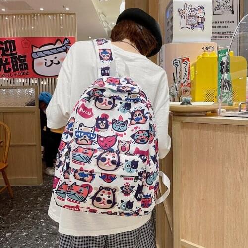 Backpack For Young Teenagers Cartoon Printing Schoolbag Canvas Large Capacity Girls Daypack Rucksack Bear Print Shoulder Bag
