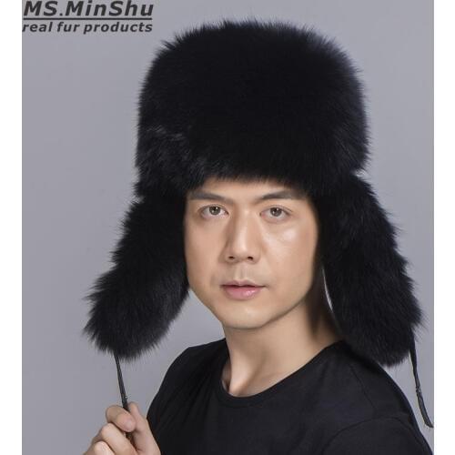 Ms.MinShu Silver Fox Fur Hat with Sheepskin leather Outer shell Russian Fur Hat Unisex Winter Earflap Natural Fox Fur Cap