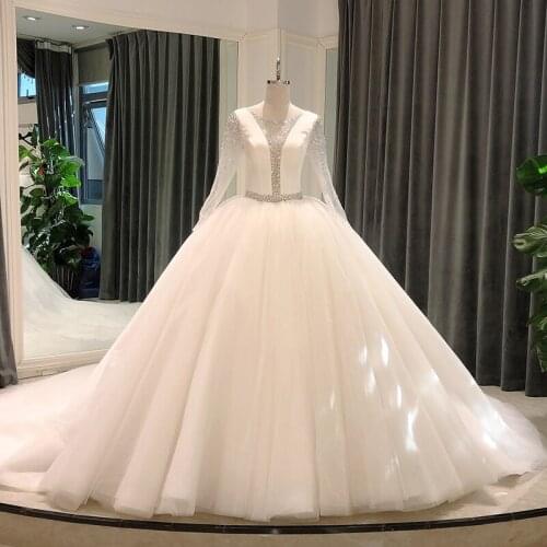 SL-8208 wedding dress ball gown long sleeve 2021 bridal dresses V neck lace heavy beads belt pearls bride wedding gown for women