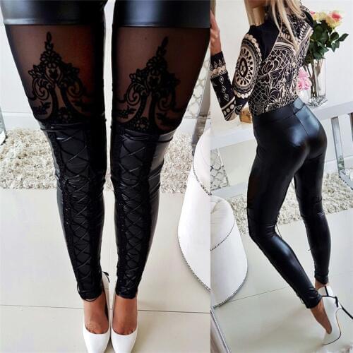 Hodisytian Spring Women Leather Pants Lace Patchwork Thin Elastic Slim Pencil Pants Lace Up Bandage Skinny Female Trousers