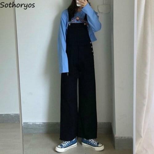 Jumpsuits Women Denim Casual Loose Long High Waist Trousers Autumn Button Solid Ins Korean Stylish Fashion Chic All Match Womens