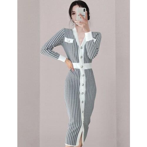 Knitted Dress Women Striped Houndstooth Ladies Dresses Elegant Long Sleeve Korean Woman Dress New Arrival 2021 Vestidos