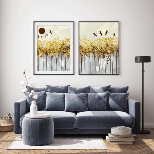 Golden Forest Landscape Wall Art Canvas Abstract Painting Nordic Posters and Prints Wall Pictures for Living Room Home Decor