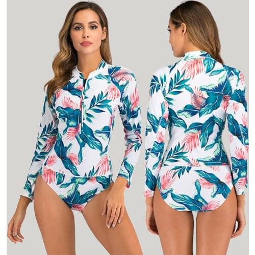 2021 Fashion Plant Print Surfing Suits Women Swimwear One Piece Swimsuit Long Sleeve Push Up Diving Clothe Pad Bathing Suit