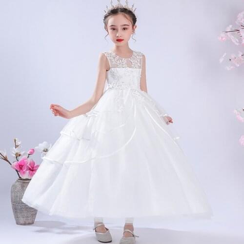 2021 White Lace Bridesmaid Dress Kids Dresses For Girls Formal Prom Costums Flower Applique Children Wedding Party Dress