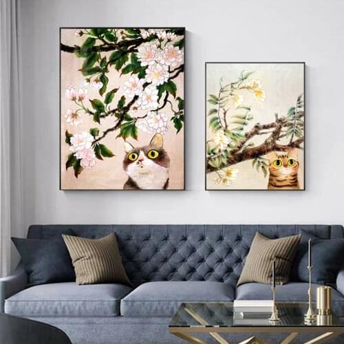 Abstract Cute Animal Kitten Canvas Painting Nordic Flowers Poster and Print Modern Cat Decor Wall Art Picture for Living Room