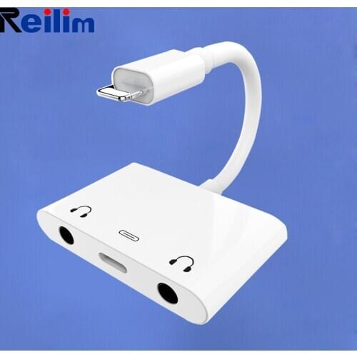 Reilim OTG Adapter For Lightning to 3.5mm double Audio jack earphones with charging converter For iPhone X XS XR iPad/iPod iOS14