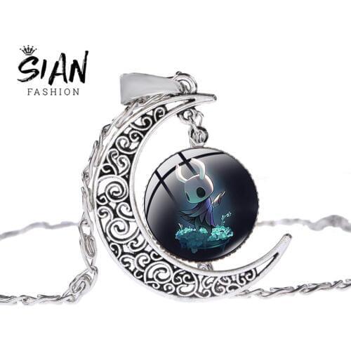 SIAN Classic Game Hollow Knight Necklace Cartoon Cute Game Figure 3D Poster Glass Cabochon Gem Crescent Pendant Handmade Jewelry