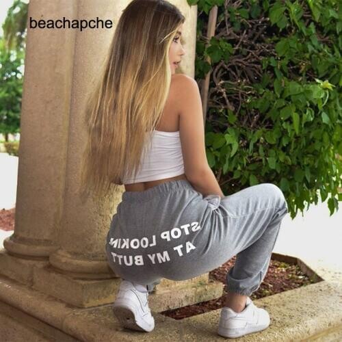Beachapche Sweat Pants Women Letter Stop Looking At My Butt Sweatpants Joggers Dropshipping Hip Hop Black High Waist