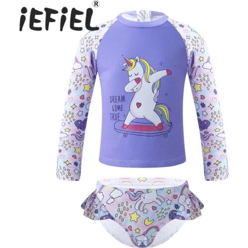 Kids Girls Swimming Suit Beachwear Long Sleeves Cartoon Print Tops with Briefs Set for Beach Pool Swimming Bathing Rashguard