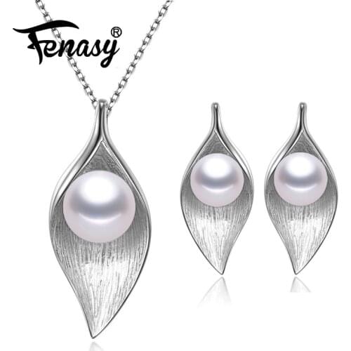 FENASY 925 Sterling Silver Pendant Necklace Natural Pearl Jewelry Sets For Women Classic Stud Earrings Fashion Idea Gift