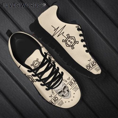 ELVISWORDS Dead of the Sugar Skull Pattern Breathable Females Air Mesh Sneakers Leisure Ladies Walking Shoes Flat-Shoes 2021