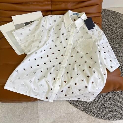 Round Hollow Out Design Women Short Shirt Fashion Blouse White Cottom Top Clothes Summer Regular Straight Casual Simple Style