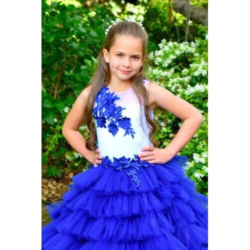 Blue White flower girl dress Lace girls party dress Baby Toddler Birthday Princess Girls wedding dress First Communion Custom
