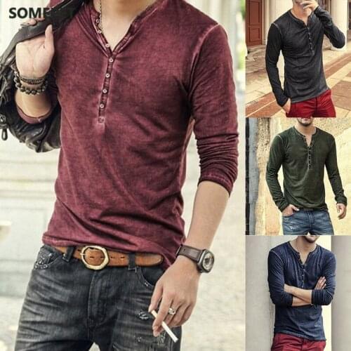Men Tee Shirt V-neck Long Sleeve Tee&Tops Stylish Slim Buttons T-shirt Autumn Casual Solid Male Clothing Plus Size 3XL