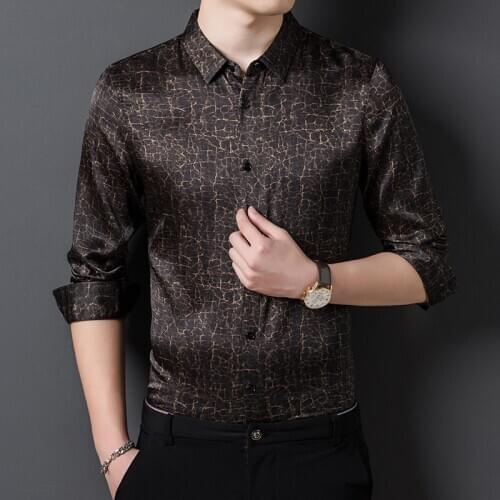 2021 Spring Vintage Real Silk Elegant Mens Shirts With Printed Offcial Gentleman Dress Shirts Classic Husband Satin Cozy Summer