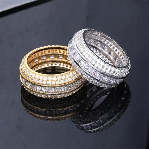GUCY New Hip Hop Mens Rings Iced Out Cubic Zircon Bling Round 10mm Width 5 Rows Ring Gold Silver Color CZ Jewelry Gifts