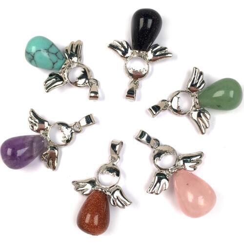 Natural Stones Angel Pendants Lazuli Amethysts Water drop shape pendant for Jewelry Making DIY Necklaces 24x35mm