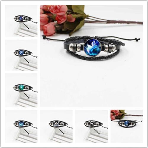 New fashion crystal glass unicorn horse vintage bracelet woven leather jewelry