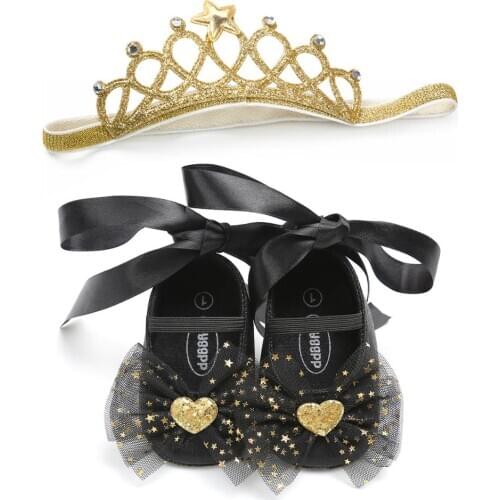 Toddler Baby Girl Shoes Soft Sole Crib Newborn Lace Bow Princess Shoes+Headband 2Pcs Set Infant Cute Party First Walkers SH20016