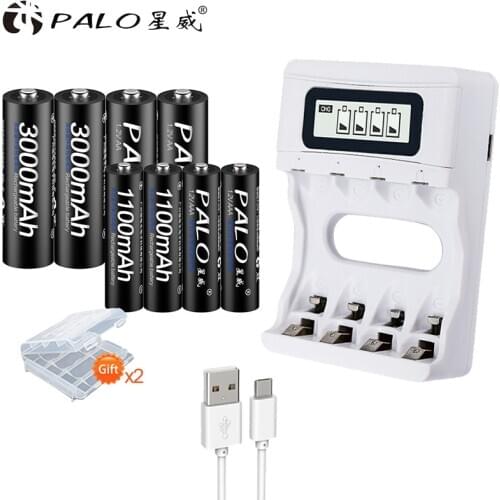 PALO AA Battery 3000mah +1.2v NiMh AAA Rechargeable Batteries 1100mah with Smart AA Battery Charger for 1.2v NIMH AA aaa Battery
